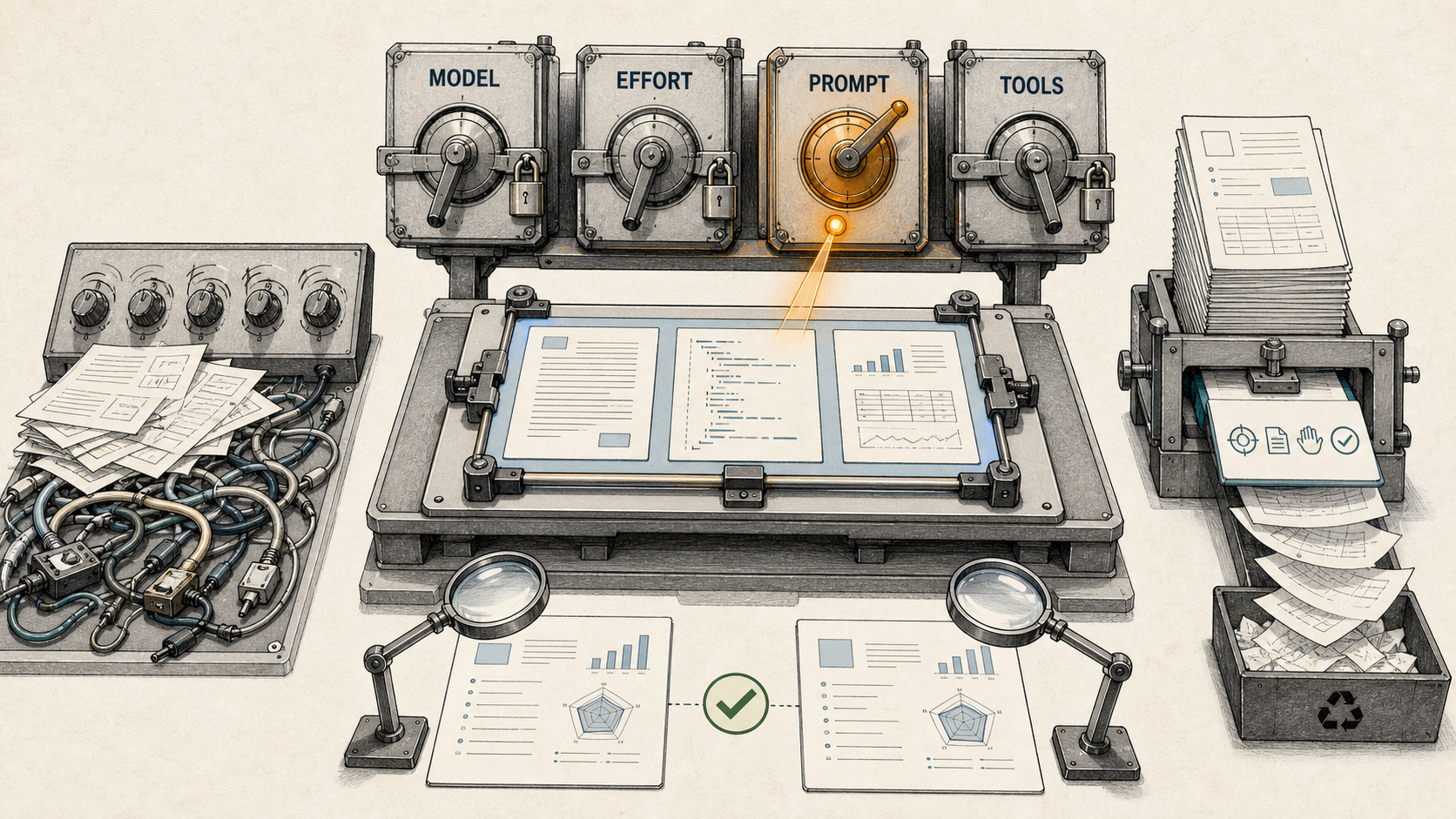 대표 workload를 고정한 채 model, effort, prompt, tools 중 한 변수만 바꿔 비교하는 실험 장치
