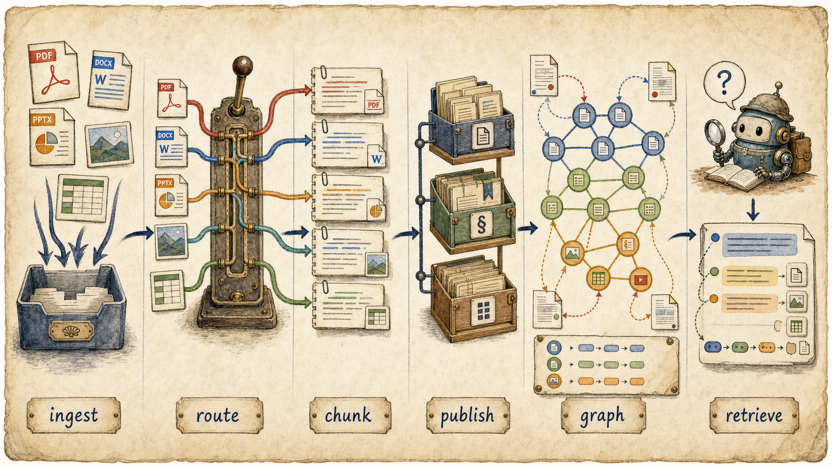 Knowhere-style workflow: ingest, route, chunk, publish, graph, retrieve